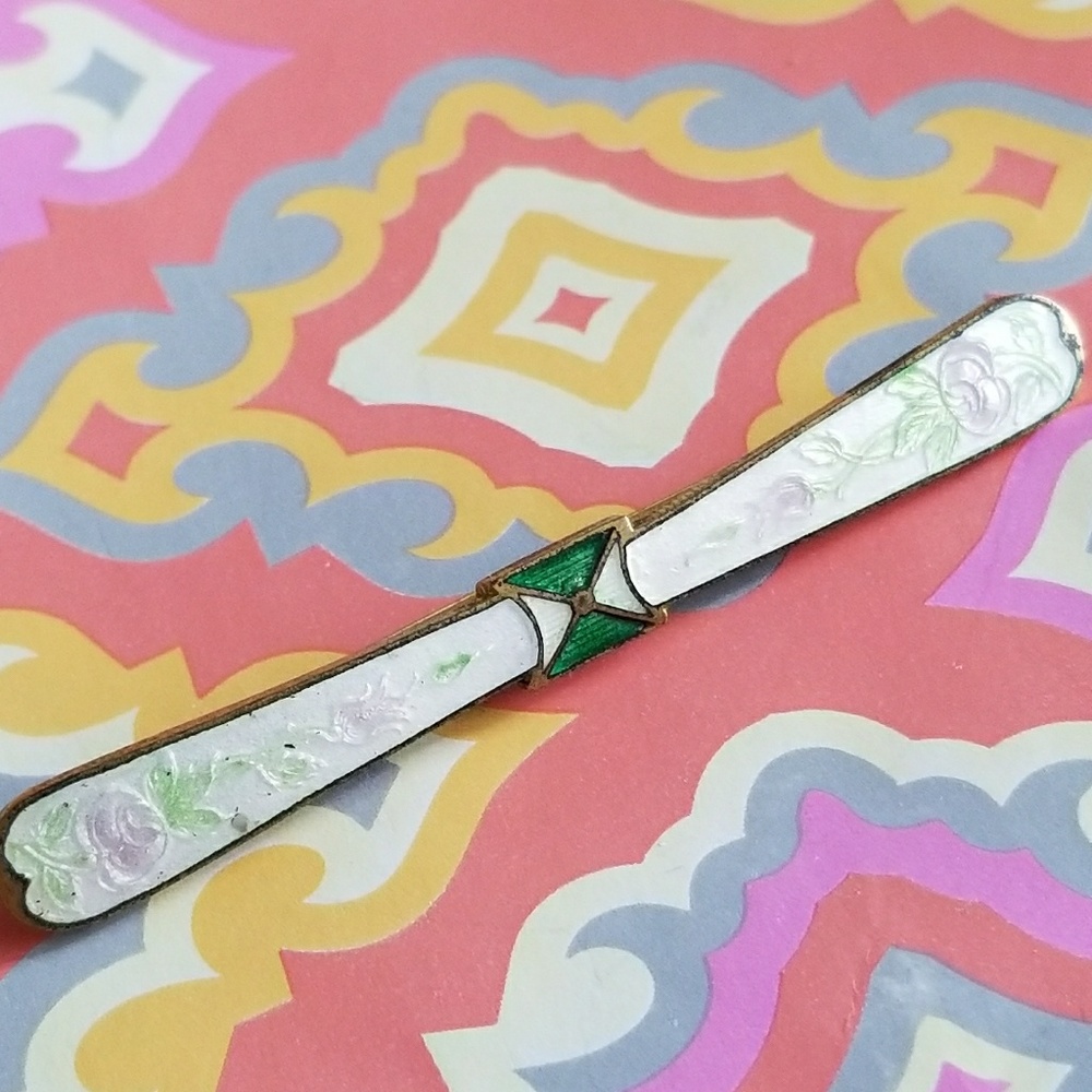 Relisted - Antique pastel rose green guilloche enamel bar pin - Picture 2 of 7